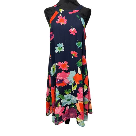 Betsey Johnson Blue Red Floral Halter Shift Retro Midi Flowy Spring Dress Size 8 - Picture 1 of 10